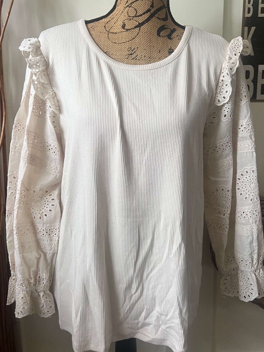 Cato Beige Eyelet Lace Sleeve Ribbed Knit Top